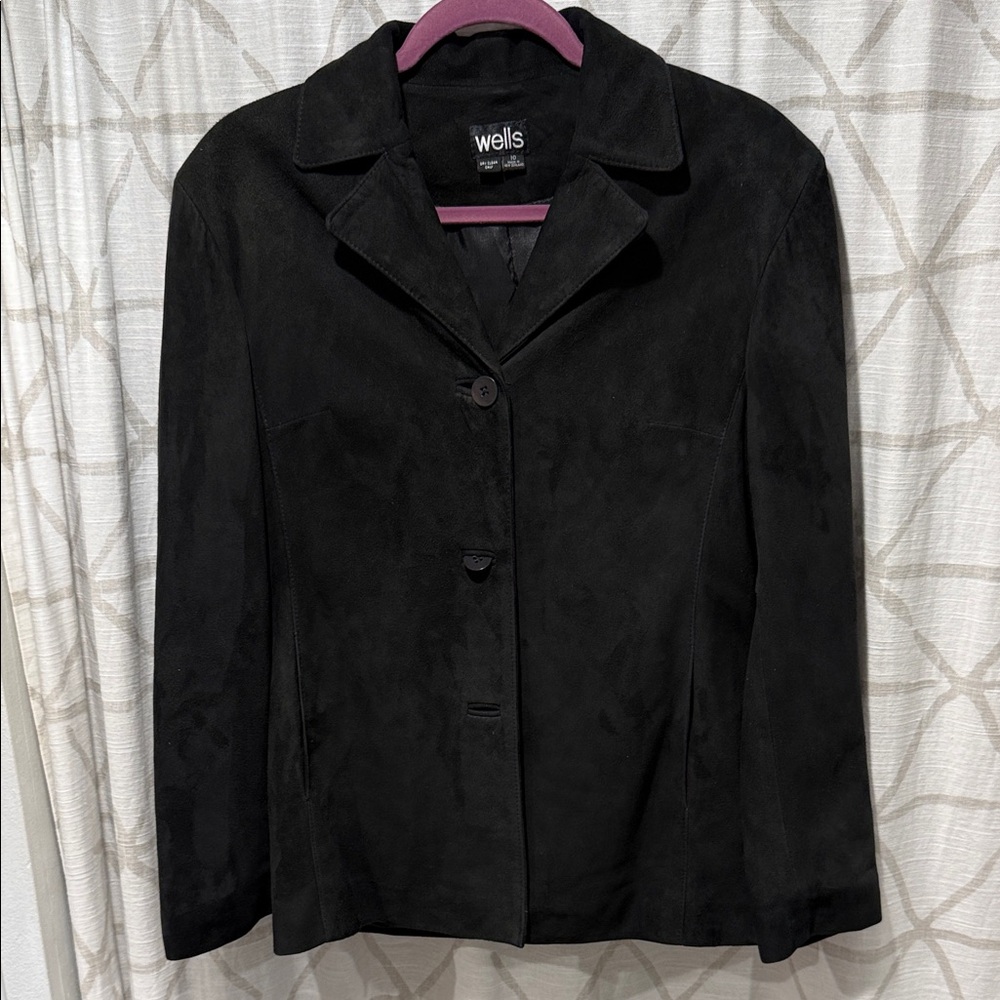 Wells Women's Black 100% New Zealand Leather Suede Button-Front Jacket 10
